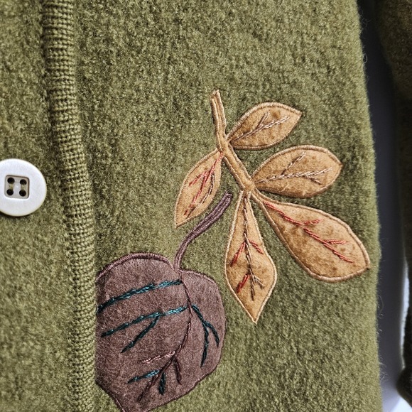 Lisa International Cardigan Women S Green Boiled Wool Leaf Applique Button Front - Picture 6 of 10